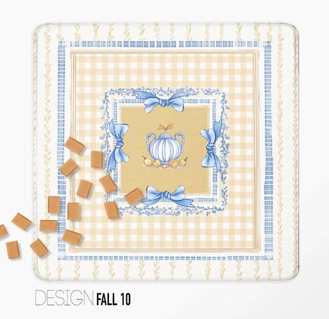 Cream and blue Mahjong mat with gingham pattern, decorative bows and pumpkin centerpiece