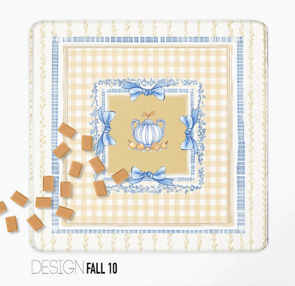 Cream and blue Mahjong mat with gingham pattern, decorative bows and pumpkin centerpiece