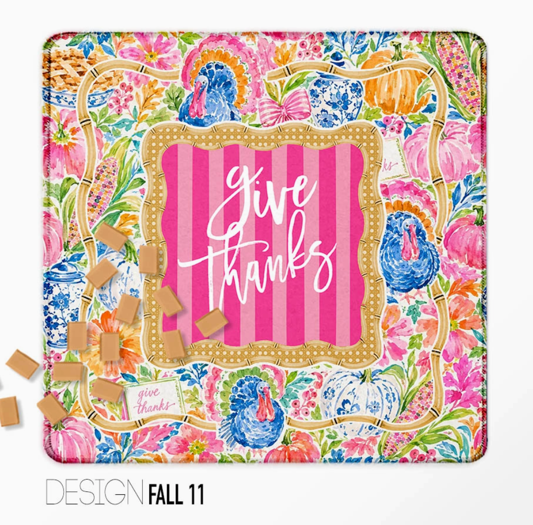 Colorful Thanksgiving Mahjong mat with turkeys, pumpkins, florals and Give Thanks lettering