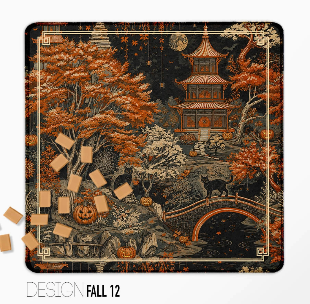 Dark Halloween Mahjong mat with black cats, jack-o'-lanterns and autumn pagoda landscape