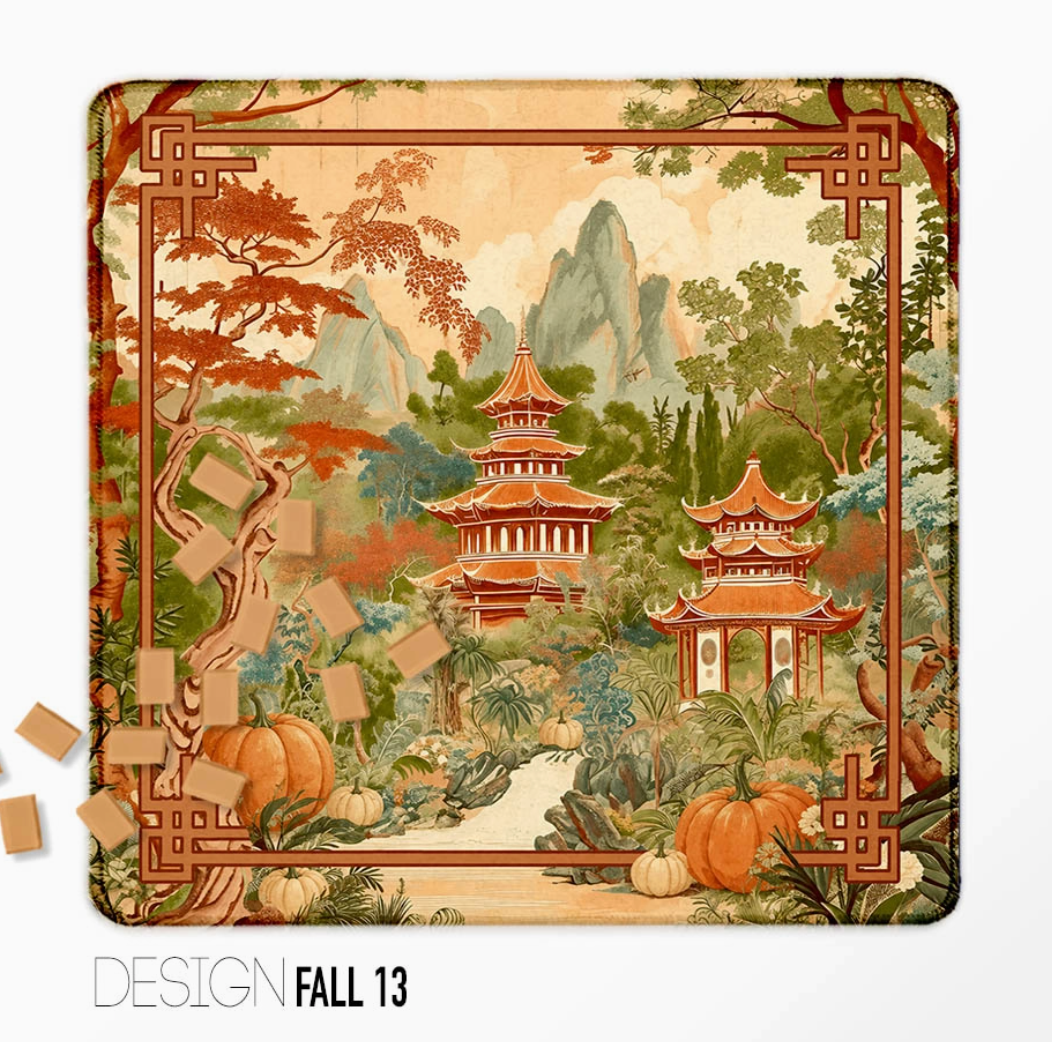 Fall Mahjong mat with autumn foliage, pumpkins and scenic pagoda garden design