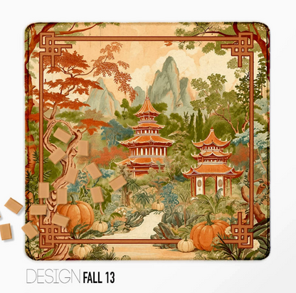 Fall Mahjong mat with autumn foliage, pumpkins and scenic pagoda garden design
