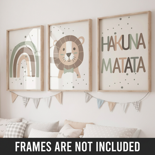 Safari Lion & Rainbow Nursery Wall Art Prints – Set of 3