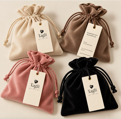 Four velvet-style drawstring dust bags in cream, taupe, blush pink, and black with gift tags.