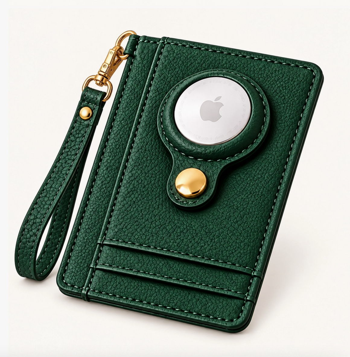 Emerald green textured wristlet wallet with card slots, gold-tone snap, and circular tracking-device holder.