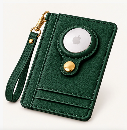 Emerald green textured wristlet wallet with card slots, gold-tone snap, and circular tracking-device holder.