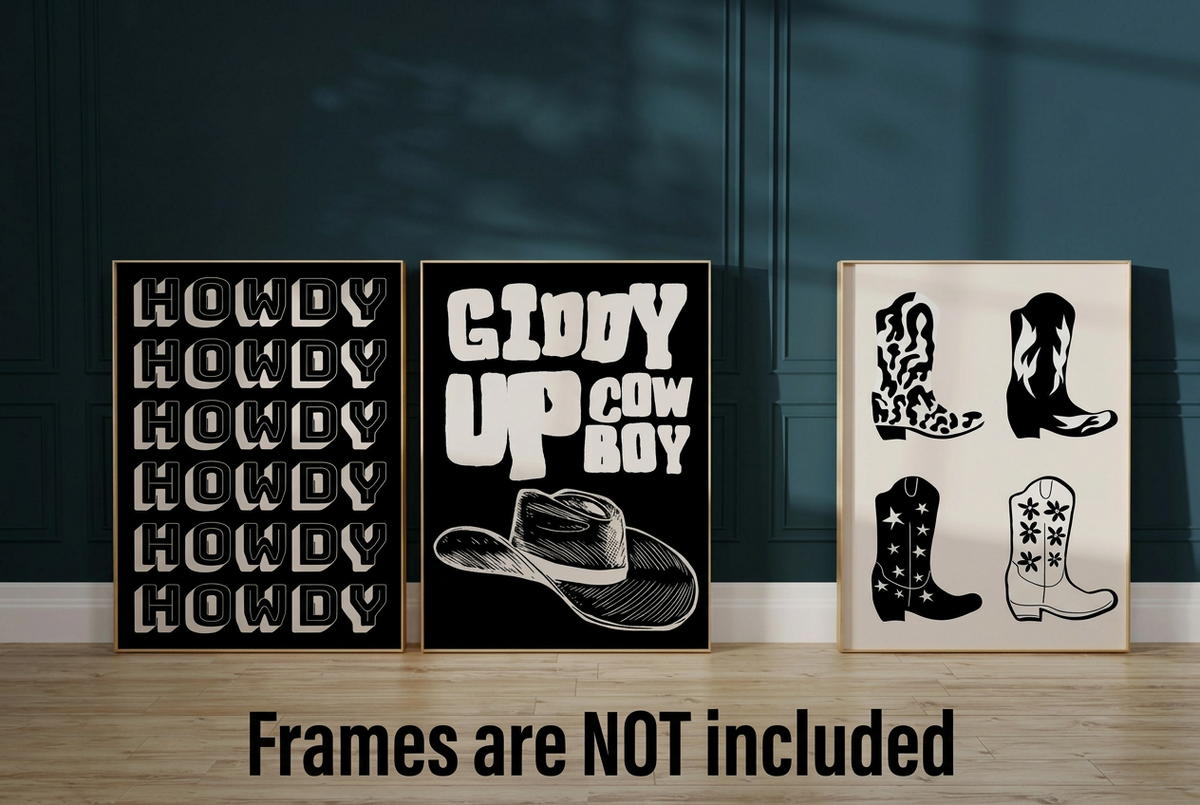 Set of three black and white retro Western wall art prints featuring Howdy typography, Giddy Up Cowboy hat artwork and four cowboy boot illustrations.