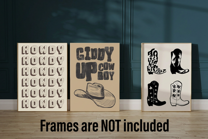 Set of three neutral beige and brown Western wall art prints featuring Howdy lettering, a cowboy hat and illustrated cowboy boots.