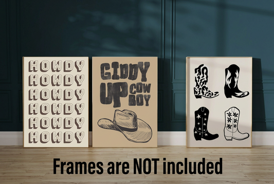 Set of three neutral beige and brown Western wall art prints featuring Howdy lettering, a cowboy hat and illustrated cowboy boots.