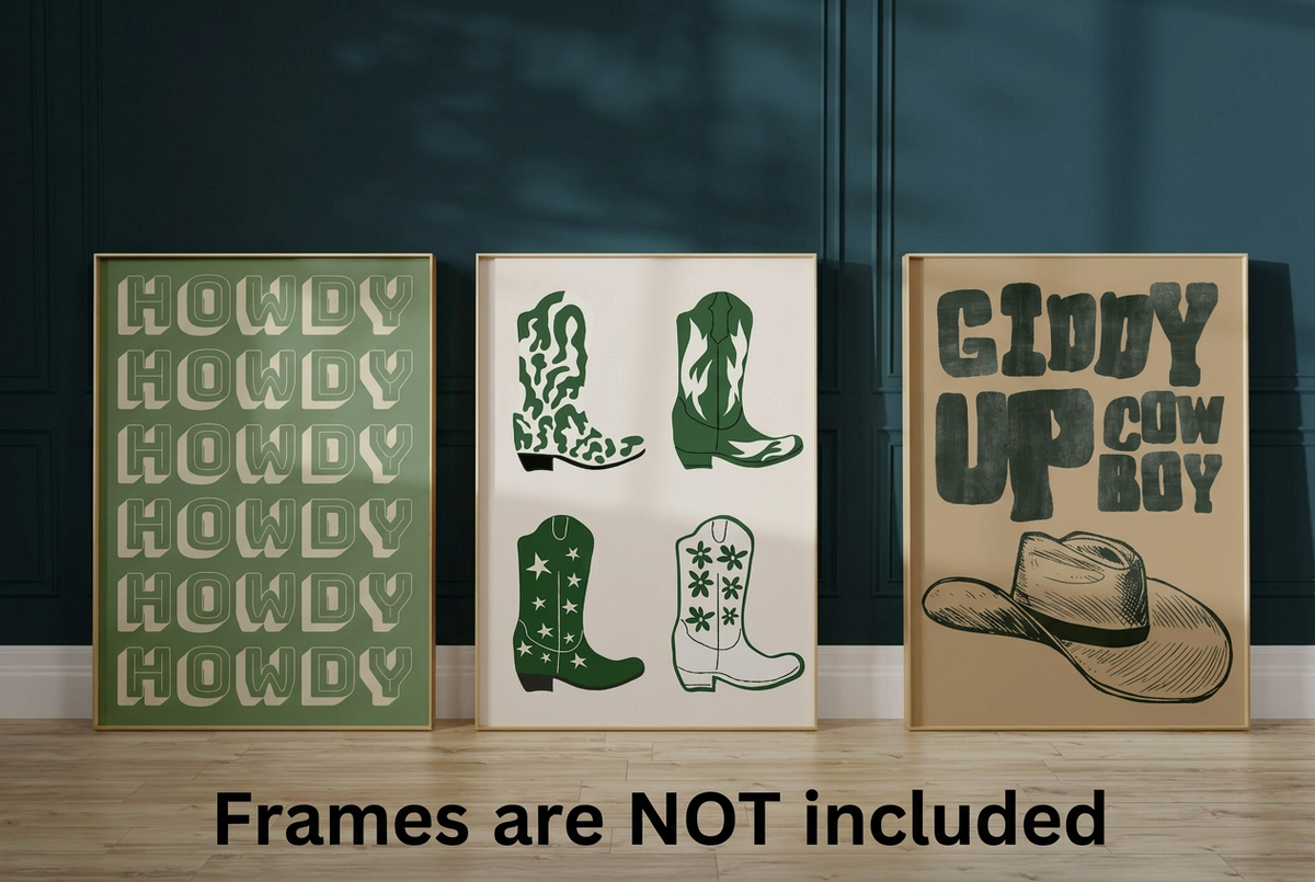 Set of three green Western wall art prints featuring Howdy typography, cowboy boots and Giddy Up Cowboy hat artwork displayed in wooden frames.