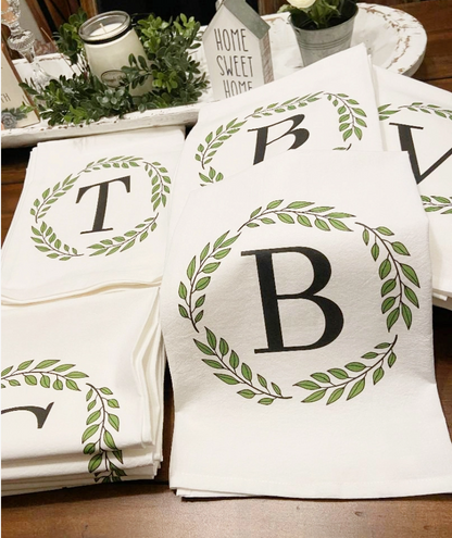 Personalized Monogram Kitchen Towel – Initial Wreath Design