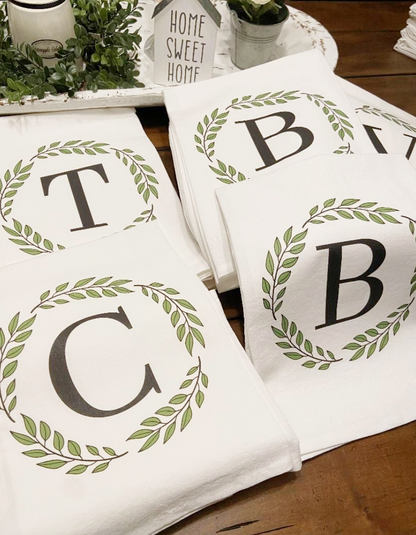 Personalized Monogram Kitchen Towel – Initial Wreath Design