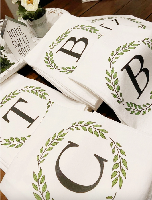 Personalized Monogram Kitchen Towel – Initial Wreath Design