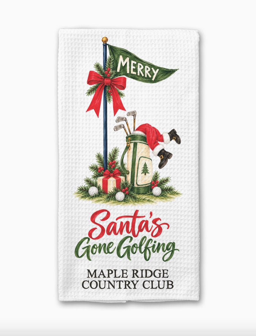 Personalized Santa’s Gone Golfing Christmas waffle weave kitchen towel customized with country club or city name