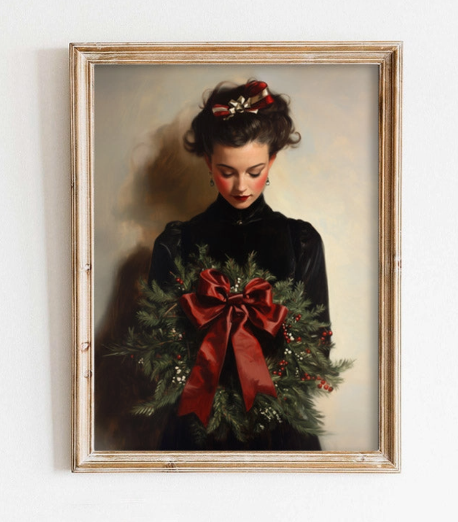 Woman Holding Christmas Wreath Art Print – Unframed