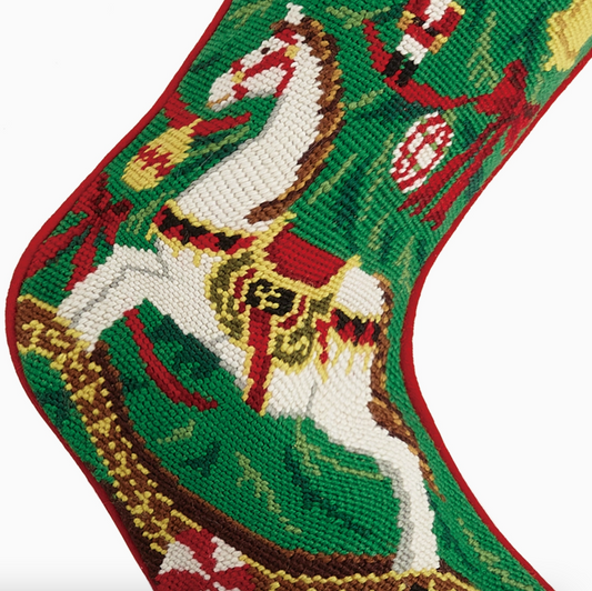 Christmas Rocking Horse Wool Needlepoint Stocking - NY Gift Boutique