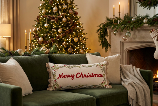 Merry Christmas Botanical Embroidered Lumbar Throw Pillow – 12 x 24