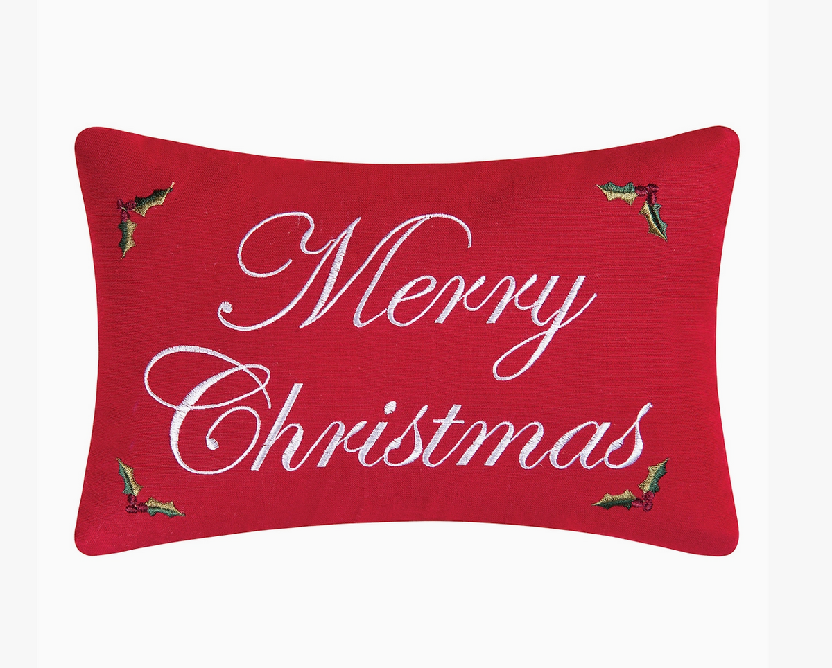 Merry Christmas Holly Embroidered Red Throw Pillow – 8 x 12 - NY Gift Boutique