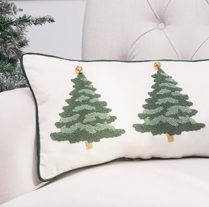 Christmas Flocked Tree Embroidered Lumbar Throw Pillow – 12" x 24"