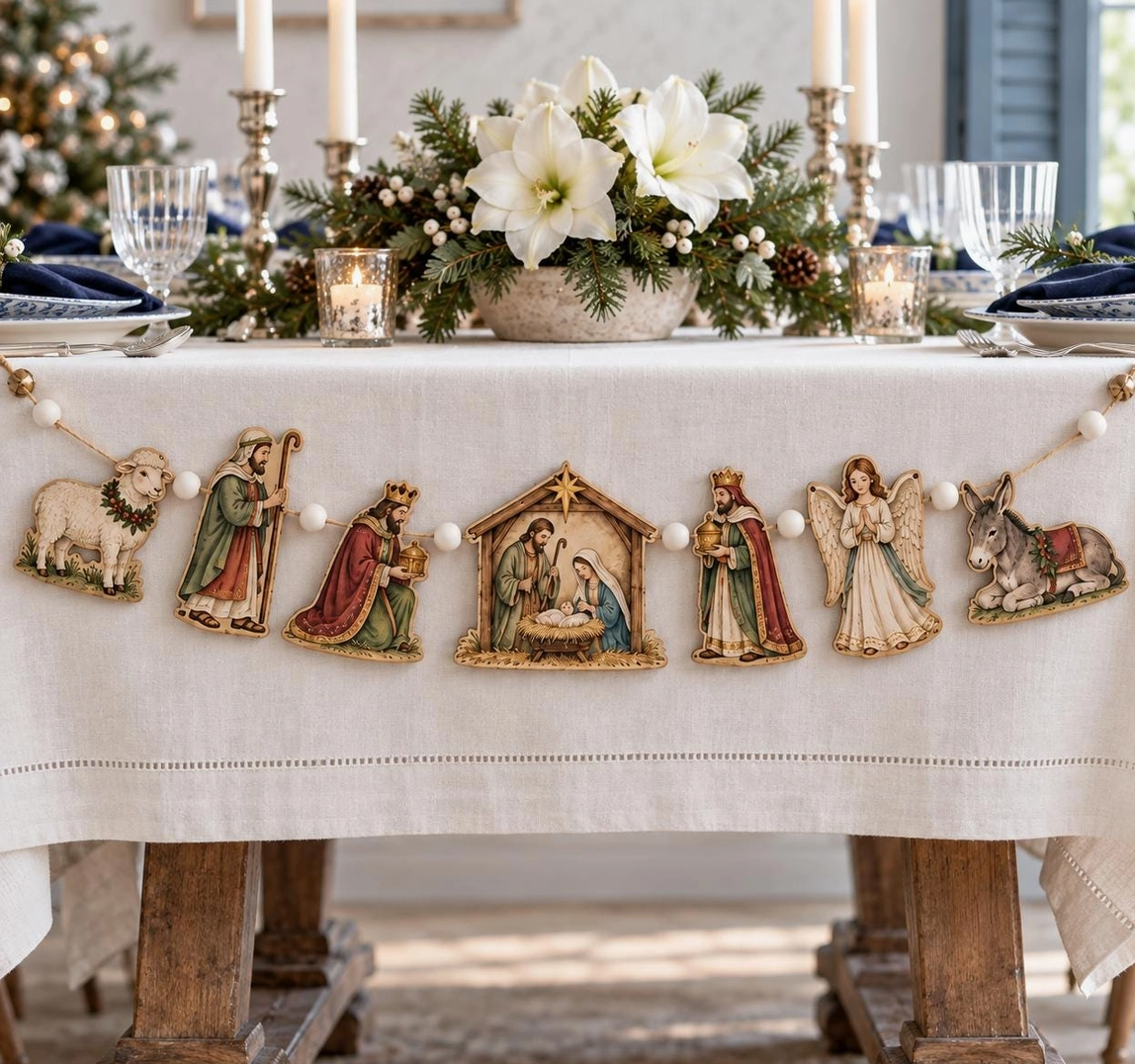 Vintage Nativity Wooden Christmas Garland – 7-Piece