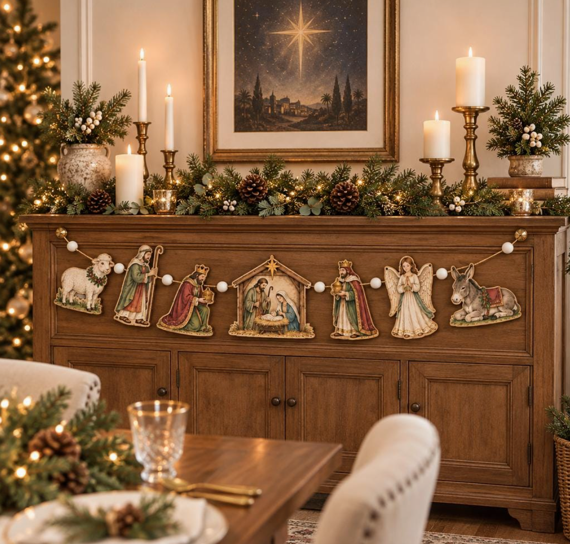 Vintage Nativity Wooden Christmas Garland – 7-Piece