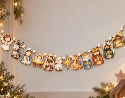 Farmhouse Nativity Wooden Christmas Garland – Holy Family