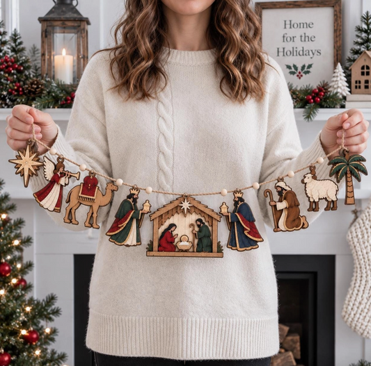 Nativity Scene Wooden Christmas Garland – Holy Family Décor