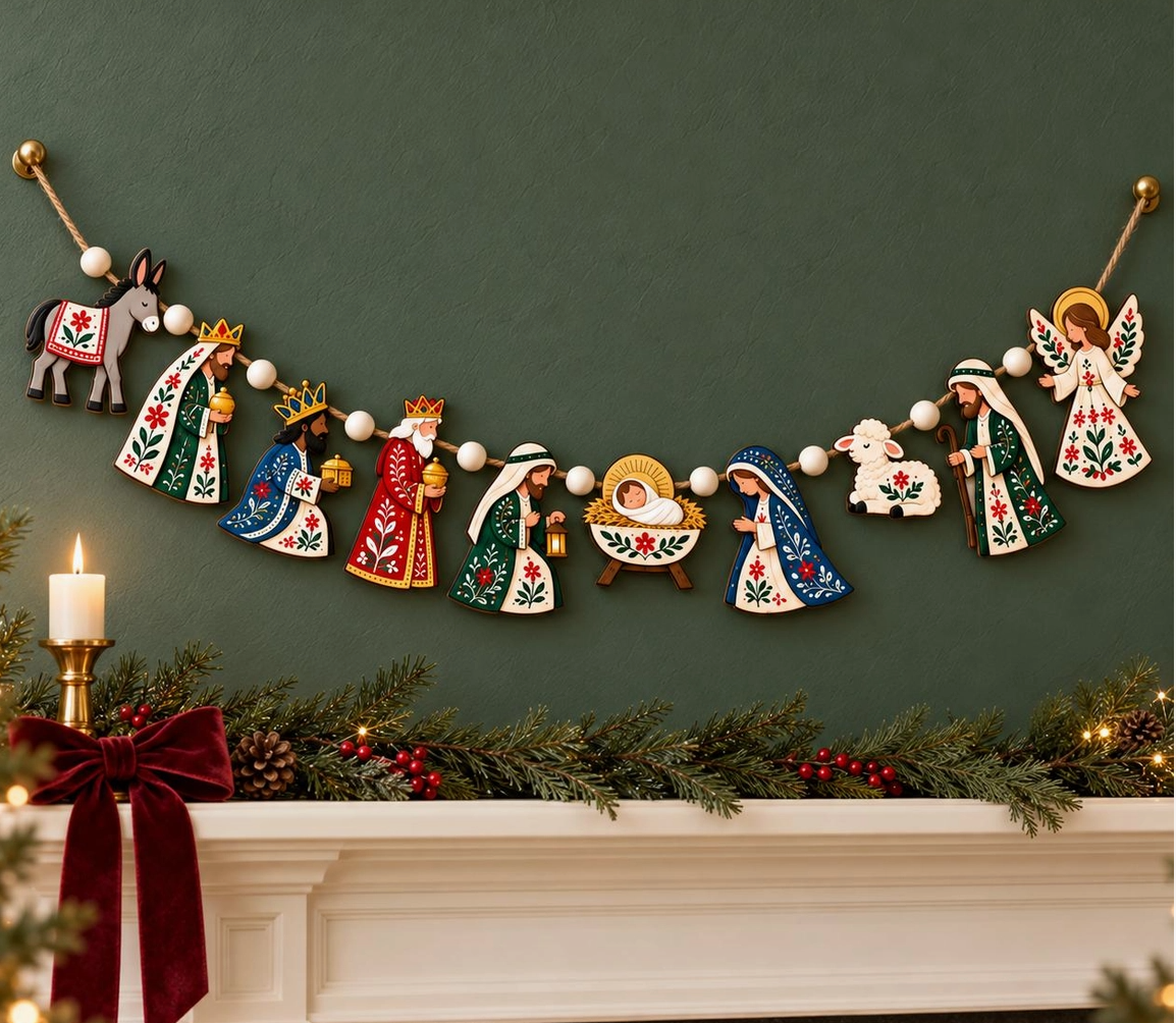 Nordic Folk Nativity Wooden Christmas Garland