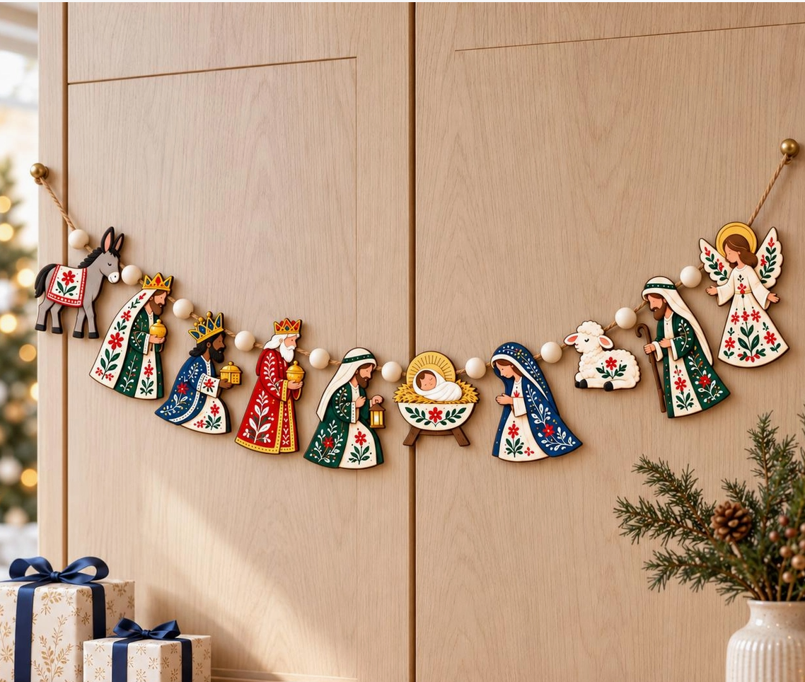 Nordic Folk Nativity Wooden Christmas Garland