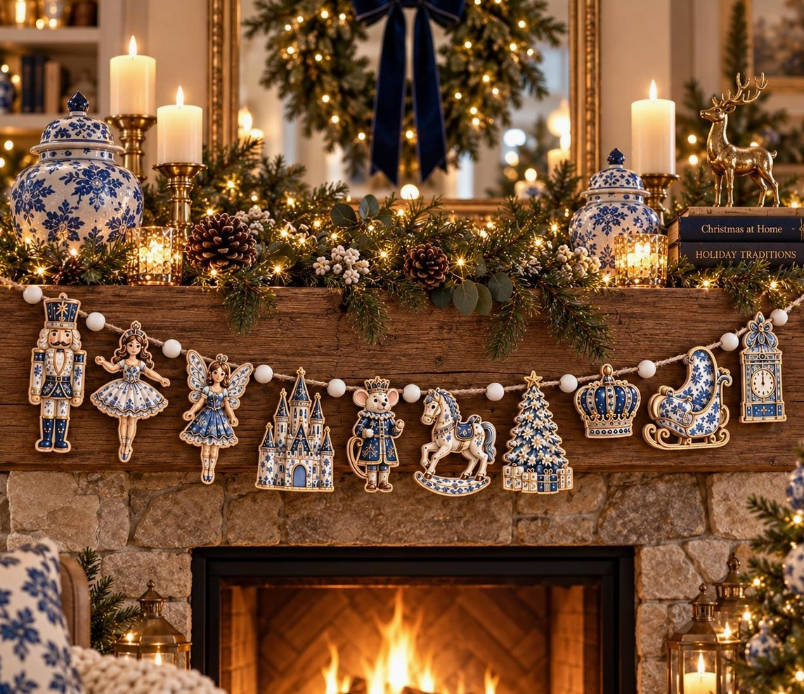 Blue Delft Nutcracker Wooden Christmas Garland