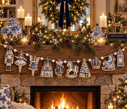 Blue Delft Nutcracker Wooden Christmas Garland