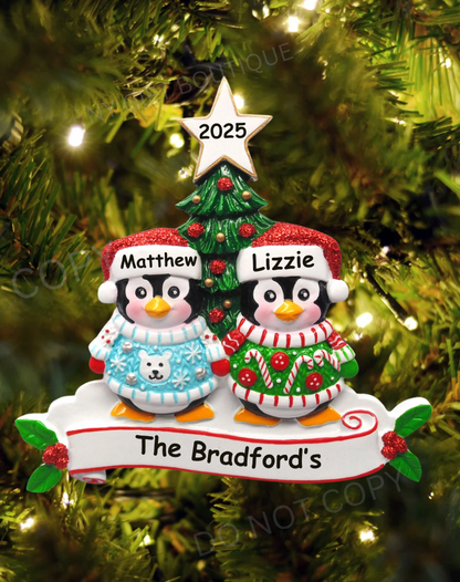 Ugly Sweater Penguin Family Personalized Ornament