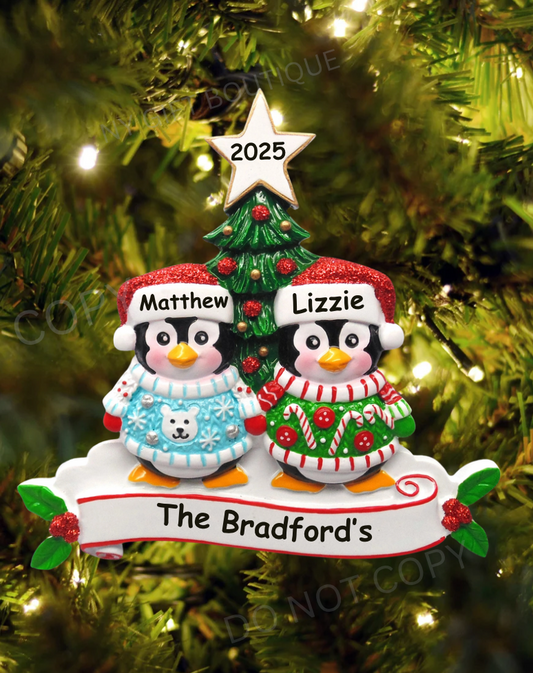Ugly Sweater Penguin Family Personalized Ornament