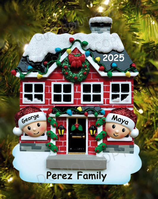 Family Peeking Out of House Personalized Ornament