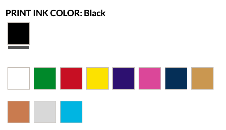 Color swatches for print ink with black ink selected and additional setup fee information.