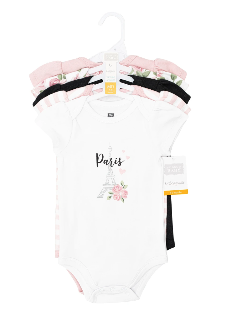 Hudson Baby Cotton Bodysuits 5-Pack, Bonjour Paris - NY Gift Boutique