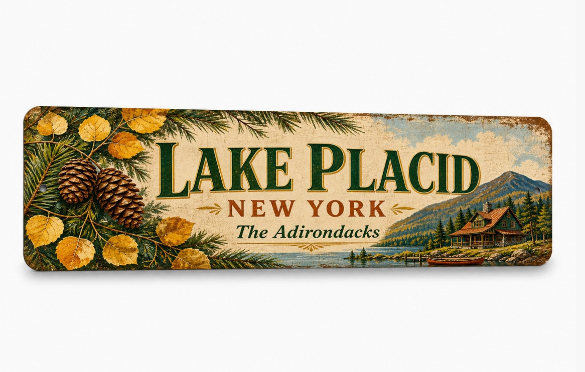Lake Placid New York Metal Sign – 15" x 5", 4 Styles