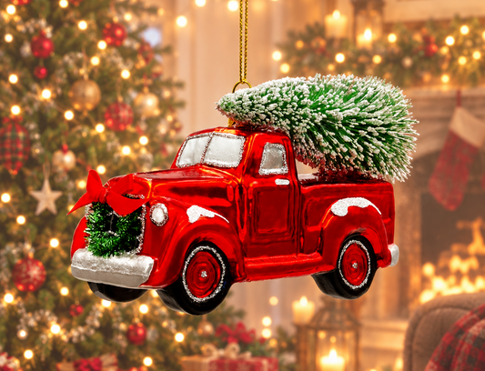 Traditional Red Glass Truck Ornament with Tree