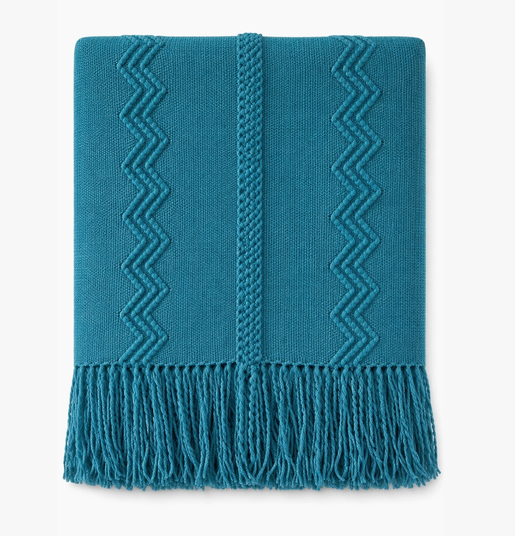 Textured Zigzag Knit Throw Blanket with Fringe – 50" x 60"