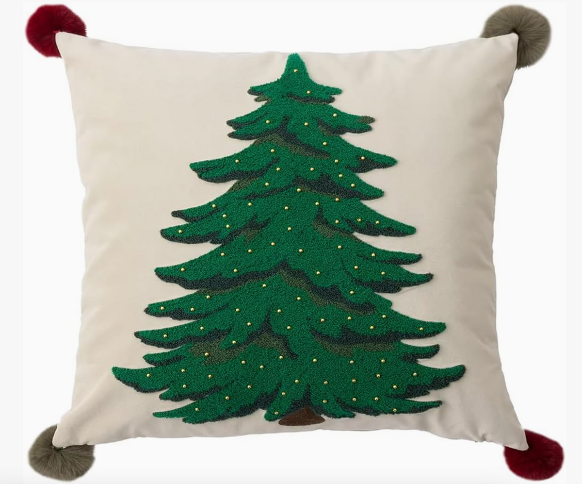 Embroidere Christmas Tree Pom Pom Throw Pillow – 18"
