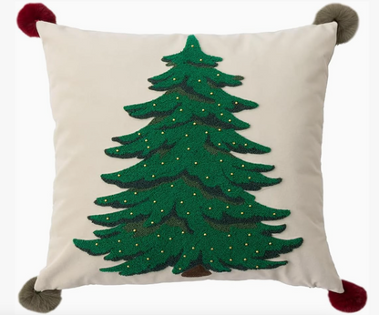 Embroidere Christmas Tree Pom Pom Throw Pillow – 18"