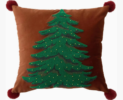 Embroidere Christmas Tree Pom Pom Throw Pillow – 18"