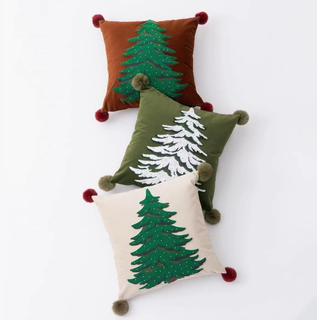 Embroidere Christmas Tree Pom Pom Throw Pillow – 18"