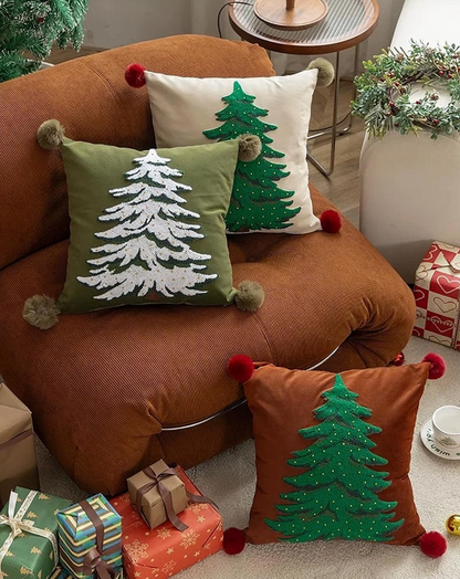 Embroidere Christmas Tree Pom Pom Throw Pillow – 18"