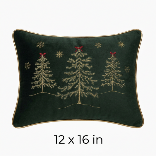 Christmas Gold Tree Forest Embroidered Velvet Throw Pillow