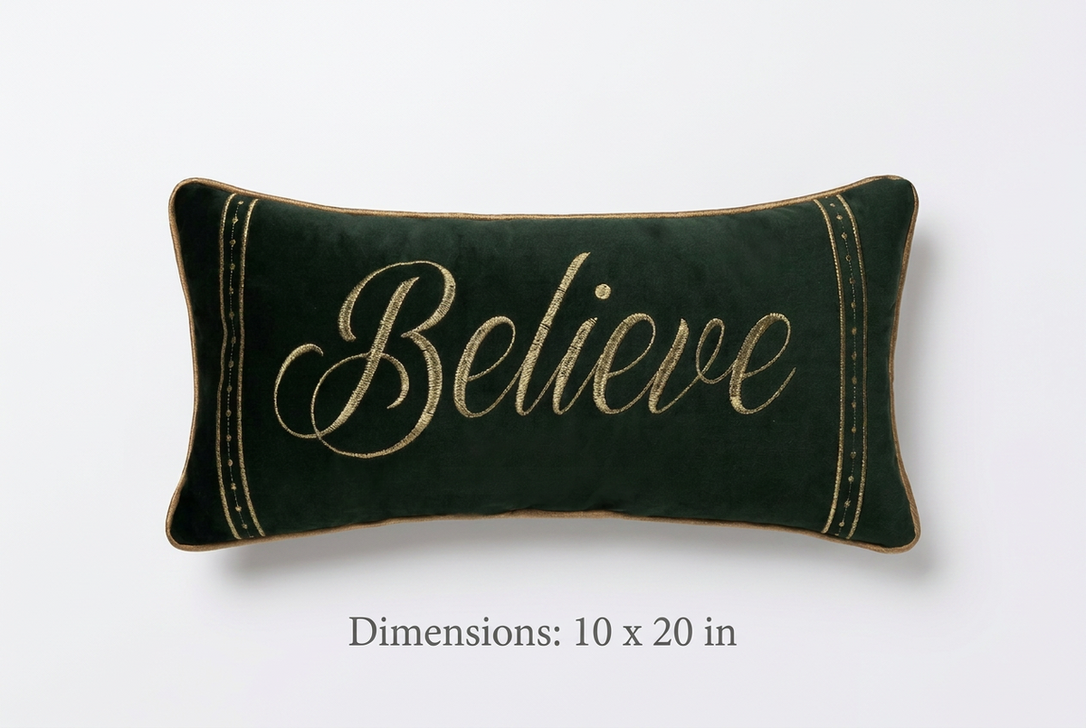 Christmas Believe Emerald Green & Gold Lumbar Throw Pillow