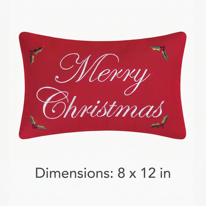Merry Christmas Holly Embroidered Red Throw Pillow – 8 x 12 - NY Gift Boutique