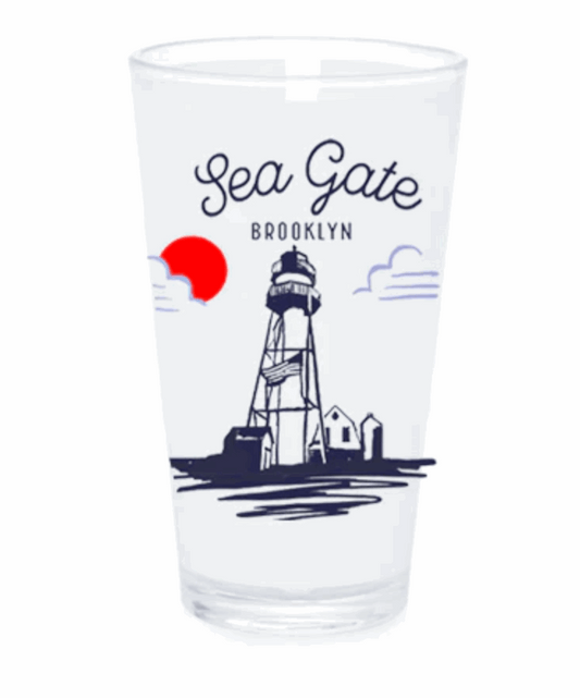 Clear glass with a lighthouse design and 'Sea Gate Brooklyn' text on a white background