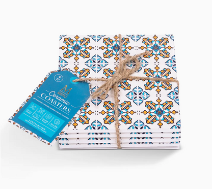 Set of 4 Square Tile Coasters - Blue/Orange