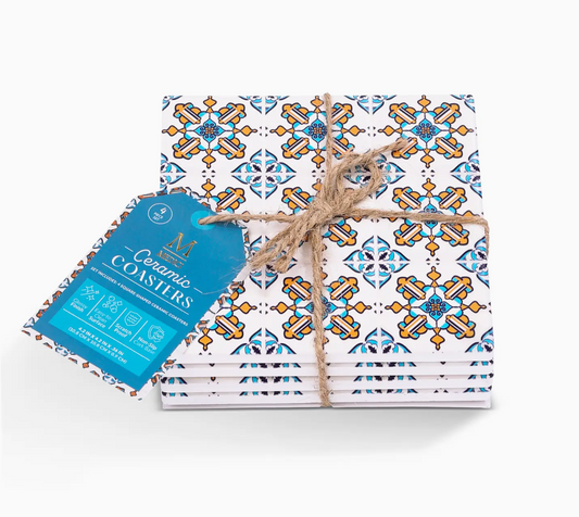 Set of 4 Square Tile Coasters - Blue/Orange - NY Gift Boutique